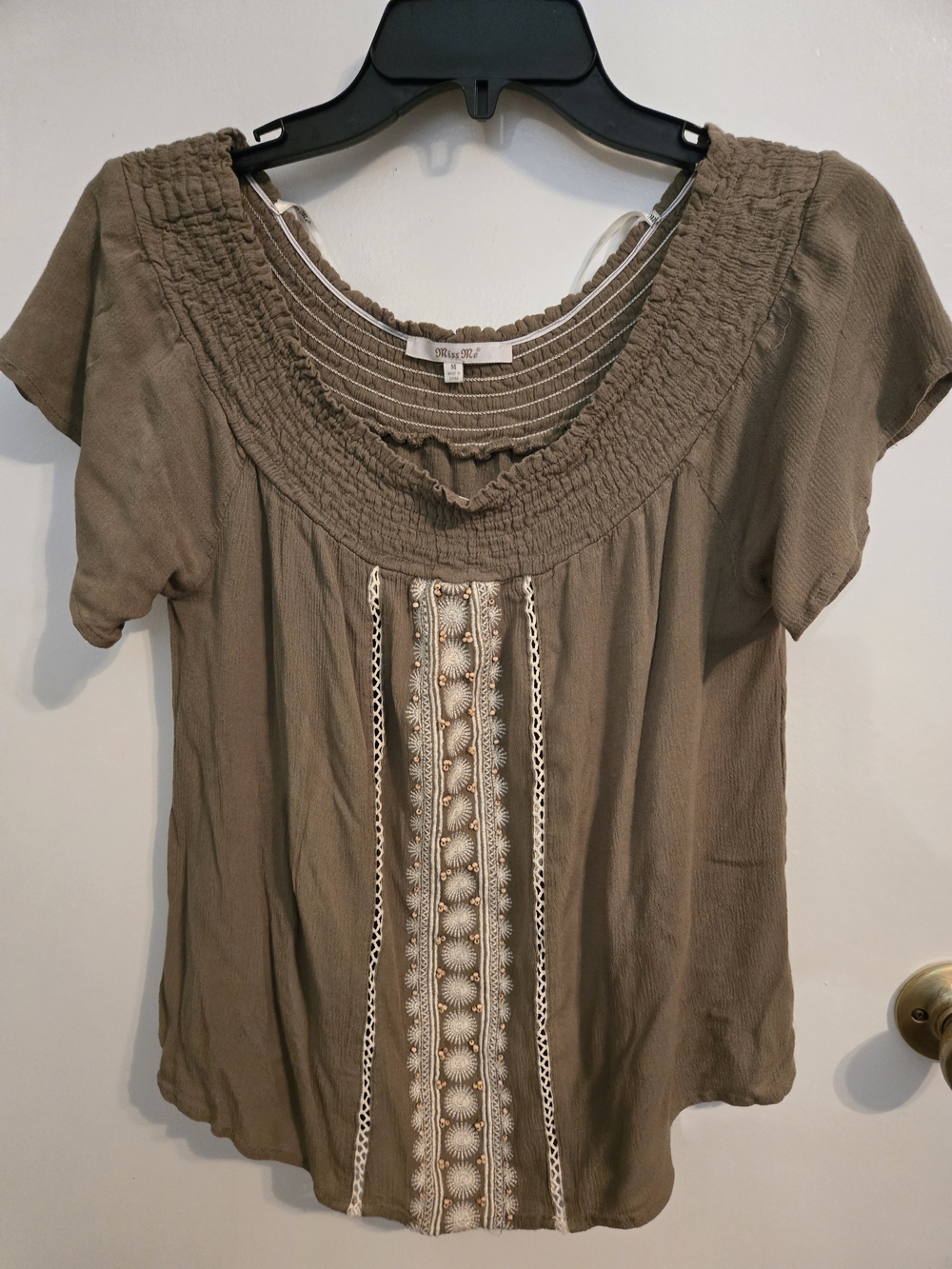 Miss Me Olive Brown Embroidered Scoop Neck Blouse